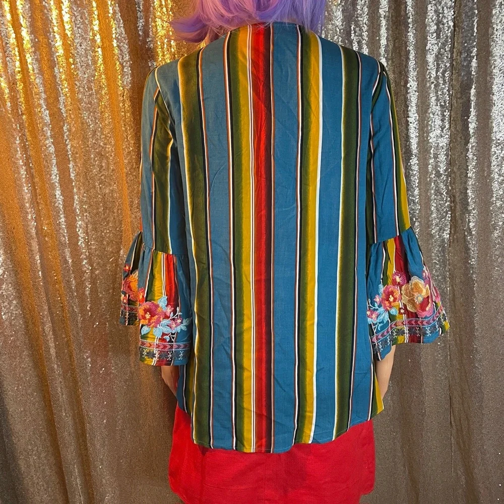 Savanna Jane Embroidered Blouse bell sleeves boho hippie turquoise colorful SZ S - Picture 7 of 11